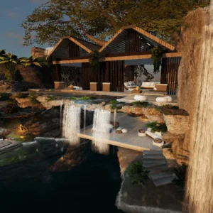 Waterfall house on the rocks