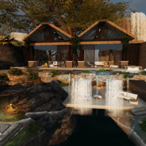 Waterfall house on the rocks