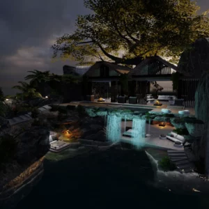 Waterfall house on the rocks